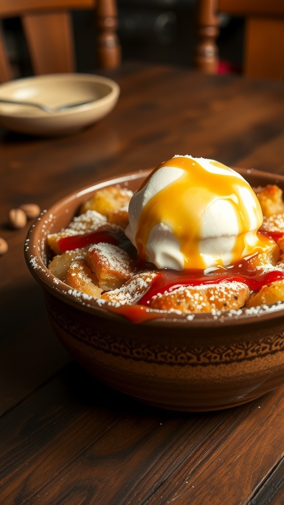 A bowl of golden-brown bread pudding with powdered sugar and ice cream, set on a rustic wooden table.